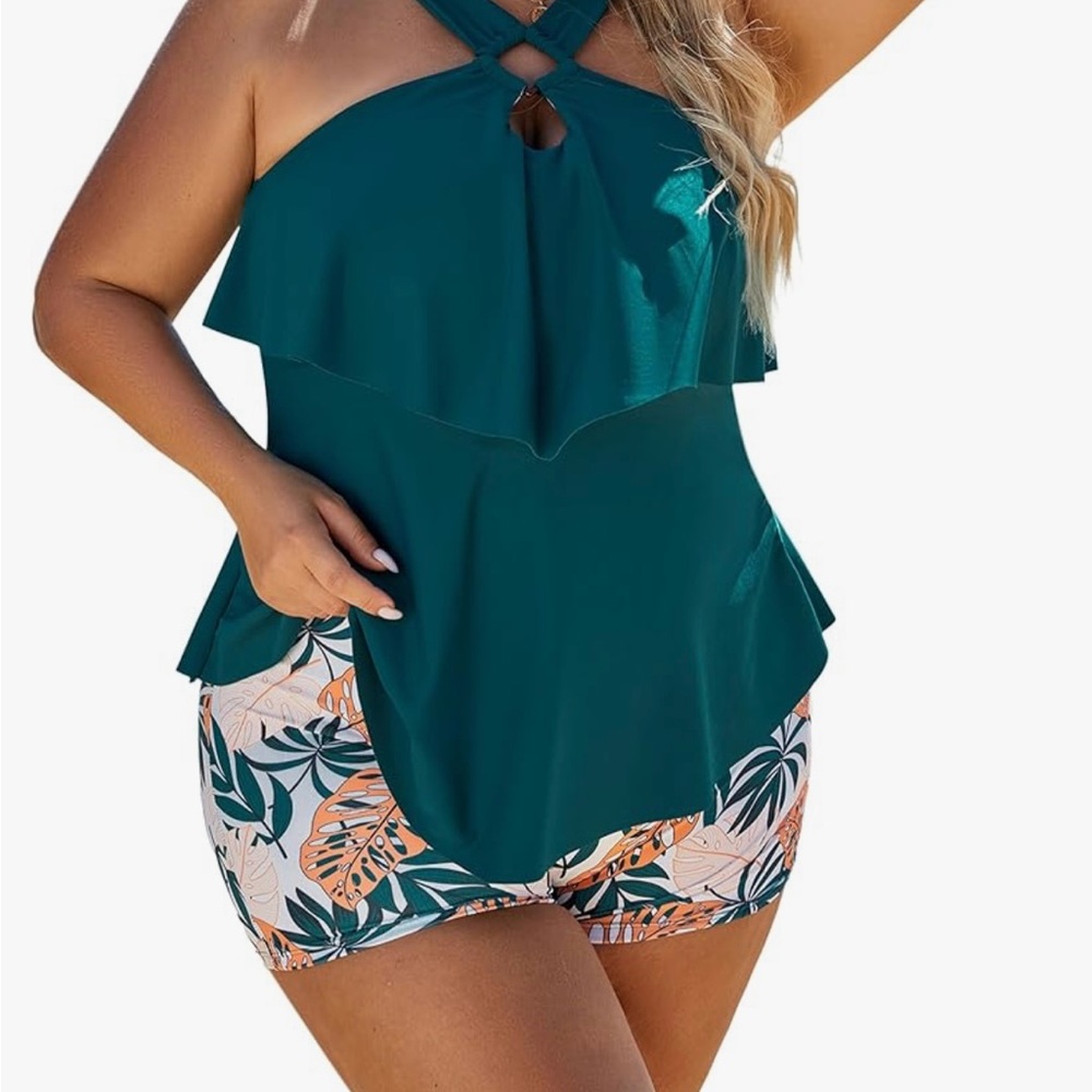 Amazon Women's Teal and Floral Swim Set